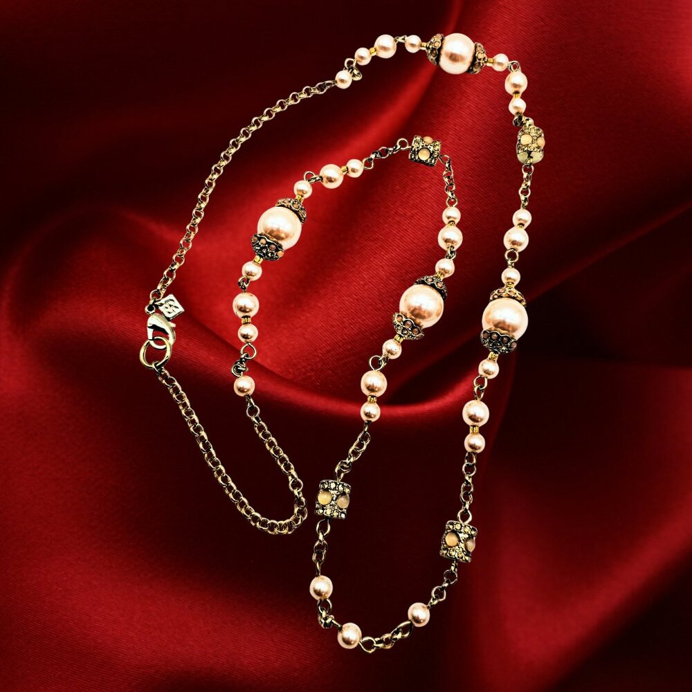Champagne Simulated Pearl Necklace Gold-Tone Vintage Style
